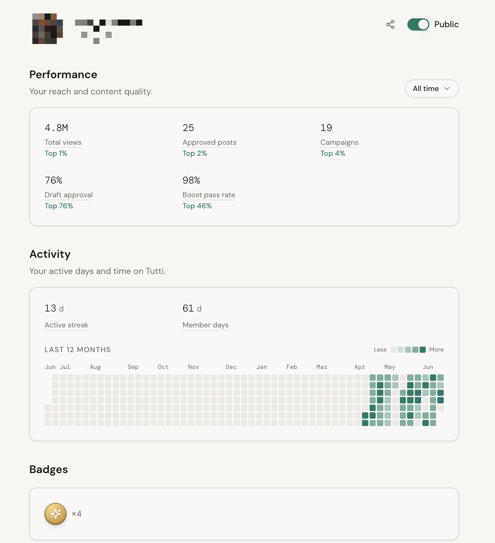The Stats page: a Performance card with views, posts and pass rates, an Activity heatmap, and collected badges.